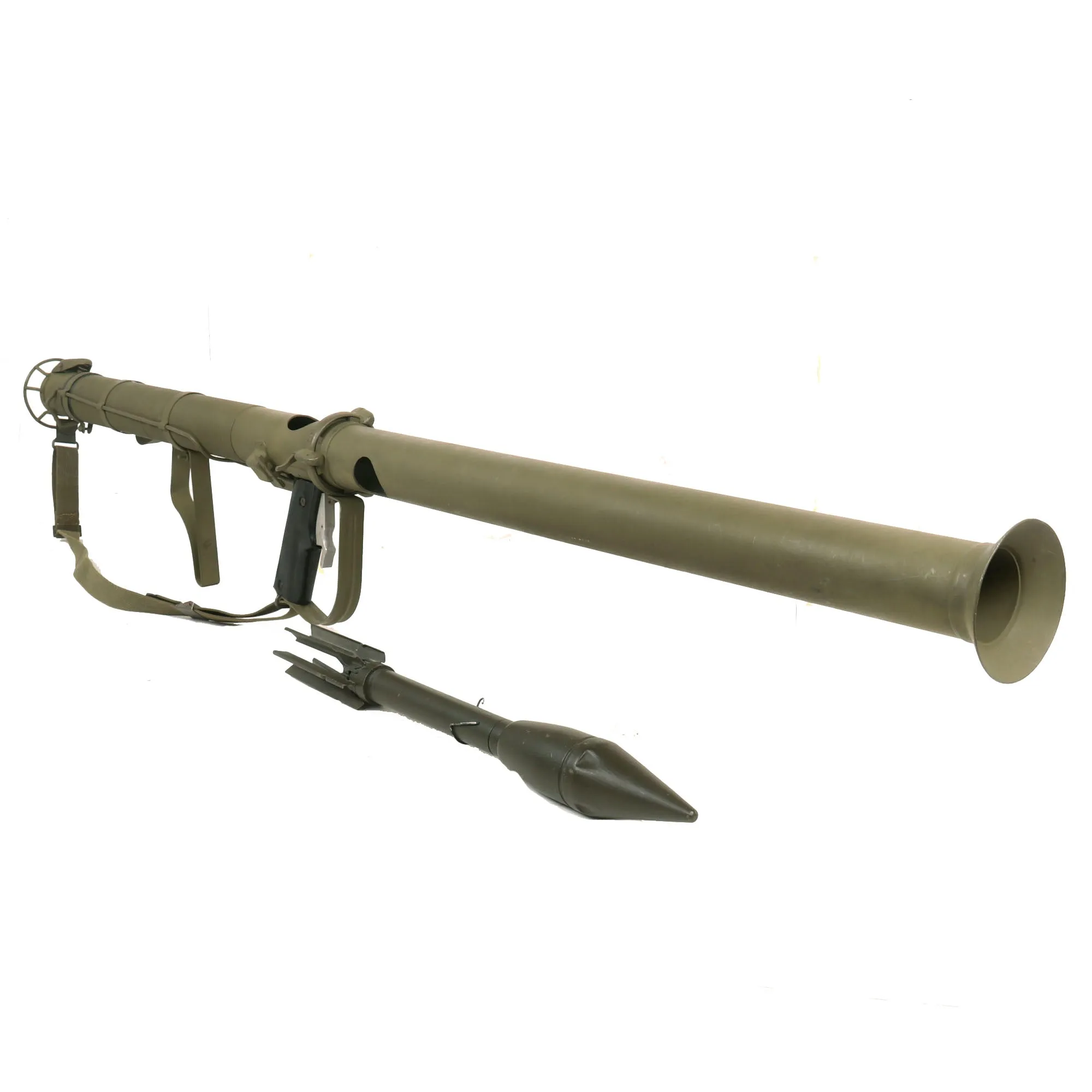 Original U.S. WWII Deactivated M9A1 Bazooka Anti-Tank Rocket Launcher Serial 92676 with Inert Rocket and 1944 Dated Rocket Carrier