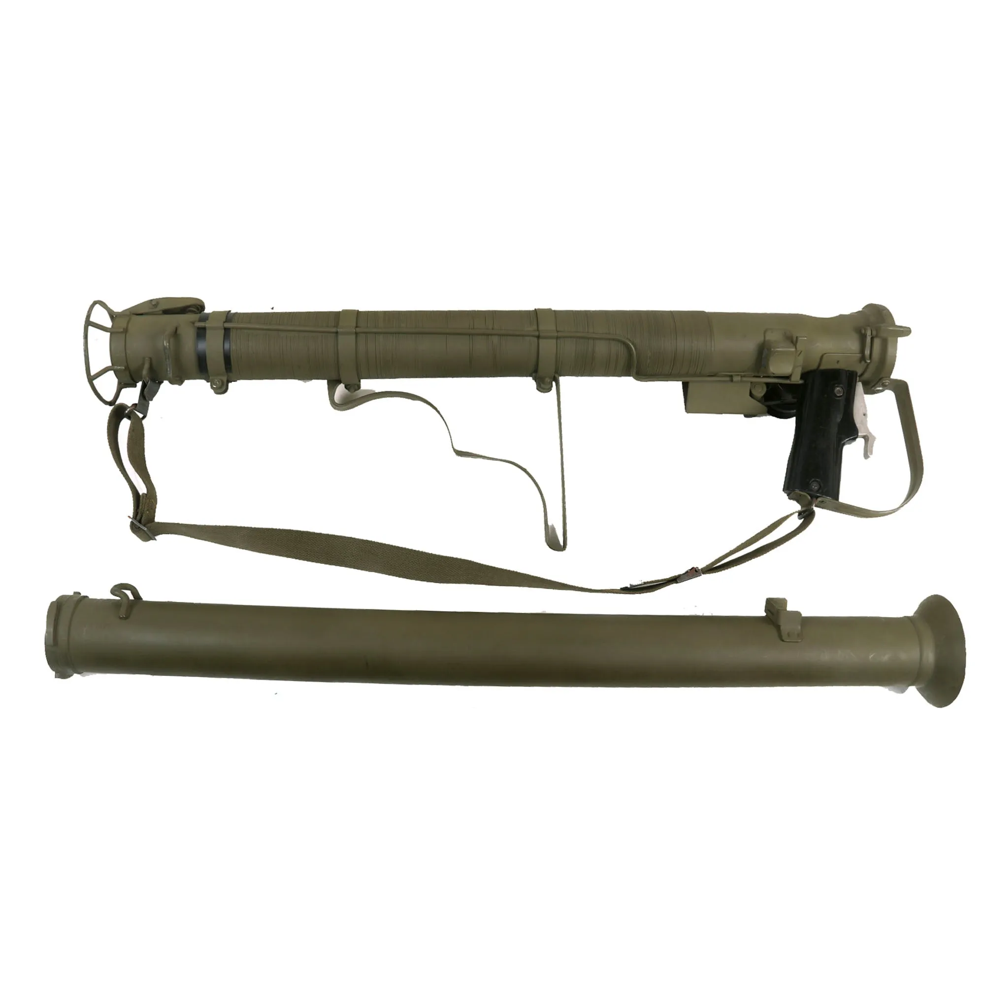 Original U.S. WWII Deactivated M9A1 Bazooka Anti-Tank Rocket Launcher Serial 92676 with Inert Rocket and 1944 Dated Rocket Carrier