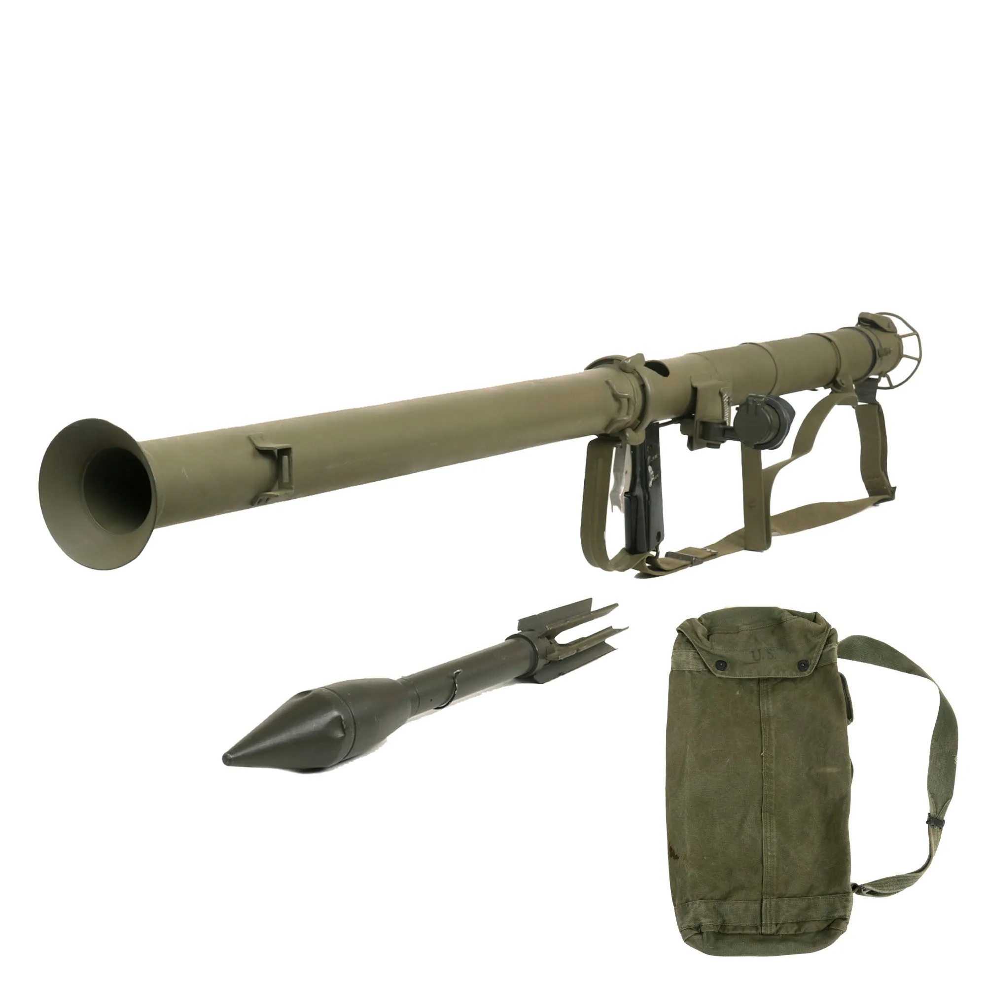 Original U.S. WWII Deactivated M9A1 Bazooka Anti-Tank Rocket Launcher Serial 92676 with Inert Rocket and 1944 Dated Rocket Carrier