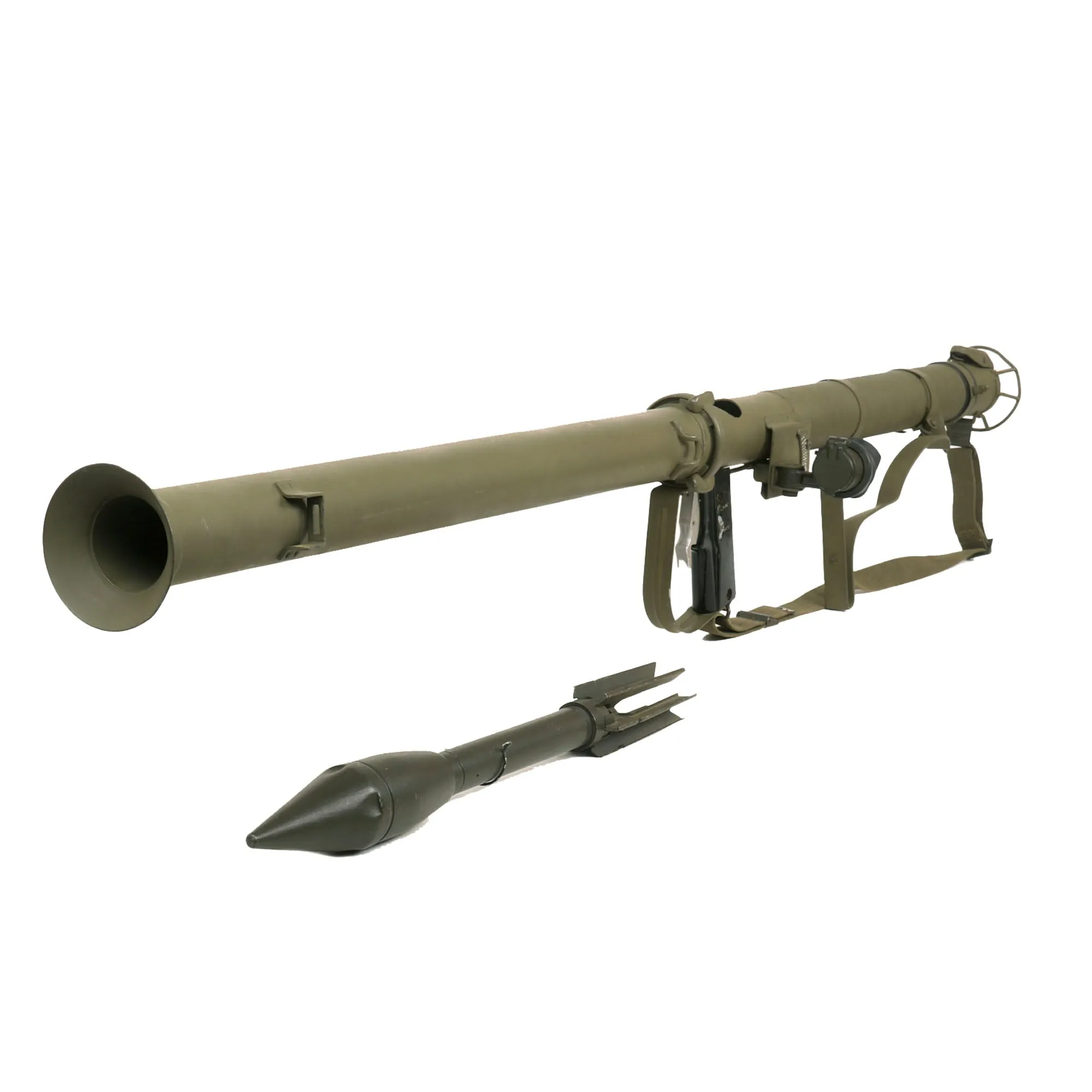 Original U.S. WWII Deactivated M9A1 Bazooka Anti-Tank Rocket Launcher Serial 92676 with Inert Rocket and 1944 Dated Rocket Carrier