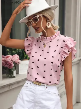 Pink Summer 2024 Ruffle Short Sleeve Blouse