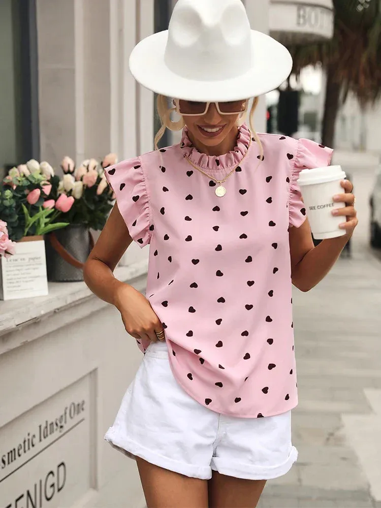 Pink Summer 2024 Ruffle Short Sleeve Blouse