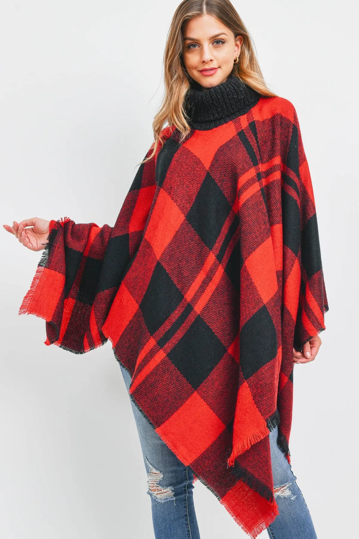 PLAID KNITTED TURTLEKNECK PONCHO