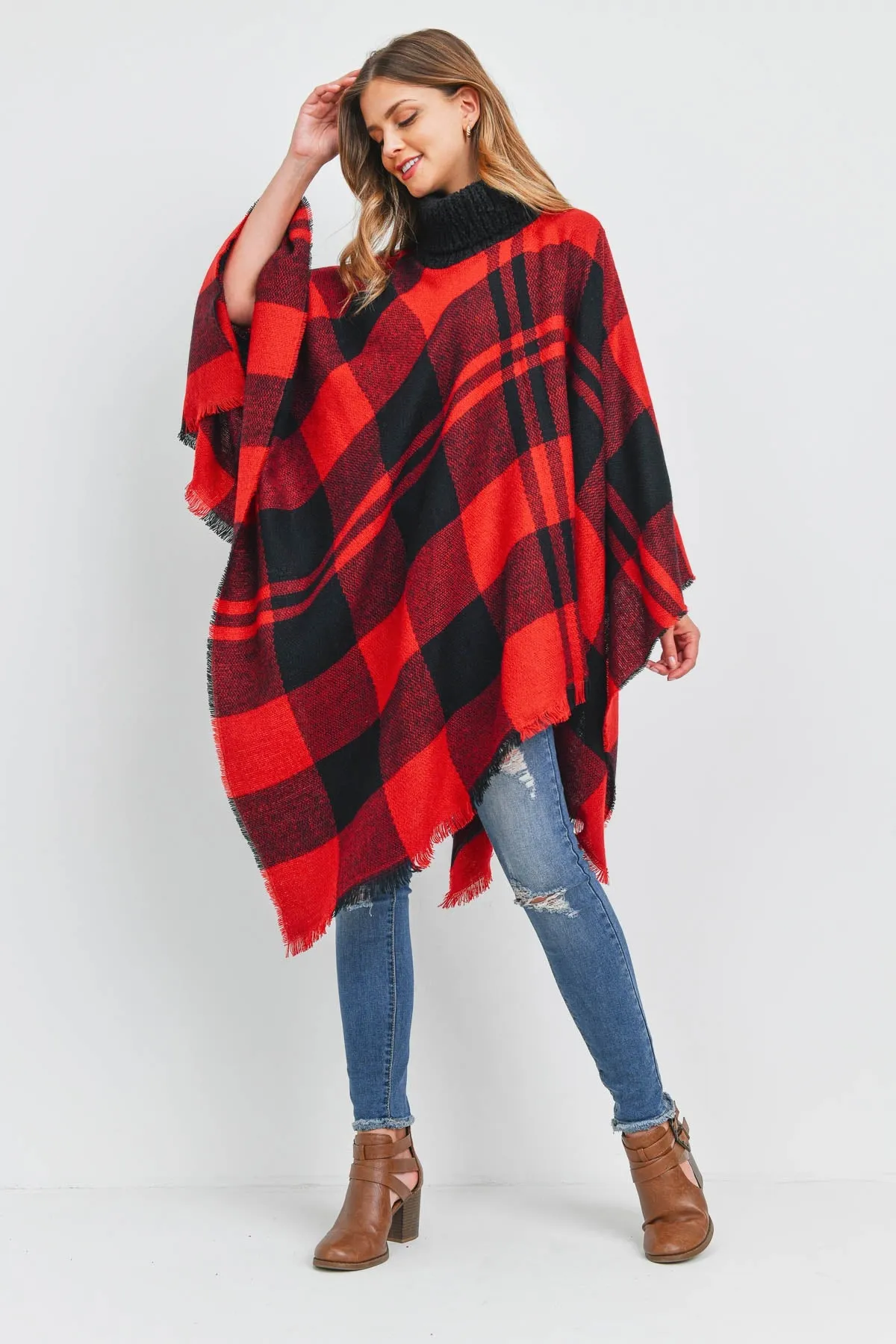 PLAID KNITTED TURTLEKNECK PONCHO