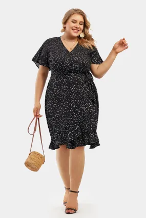 Polka Dot Print V Neck Ruffle Split Hem Wrap Dress