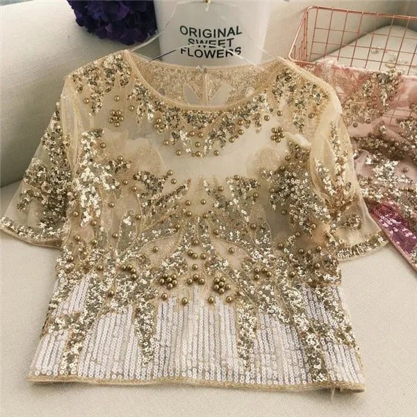 Pre Order:  Gauze Sequined Patchwork Blouse