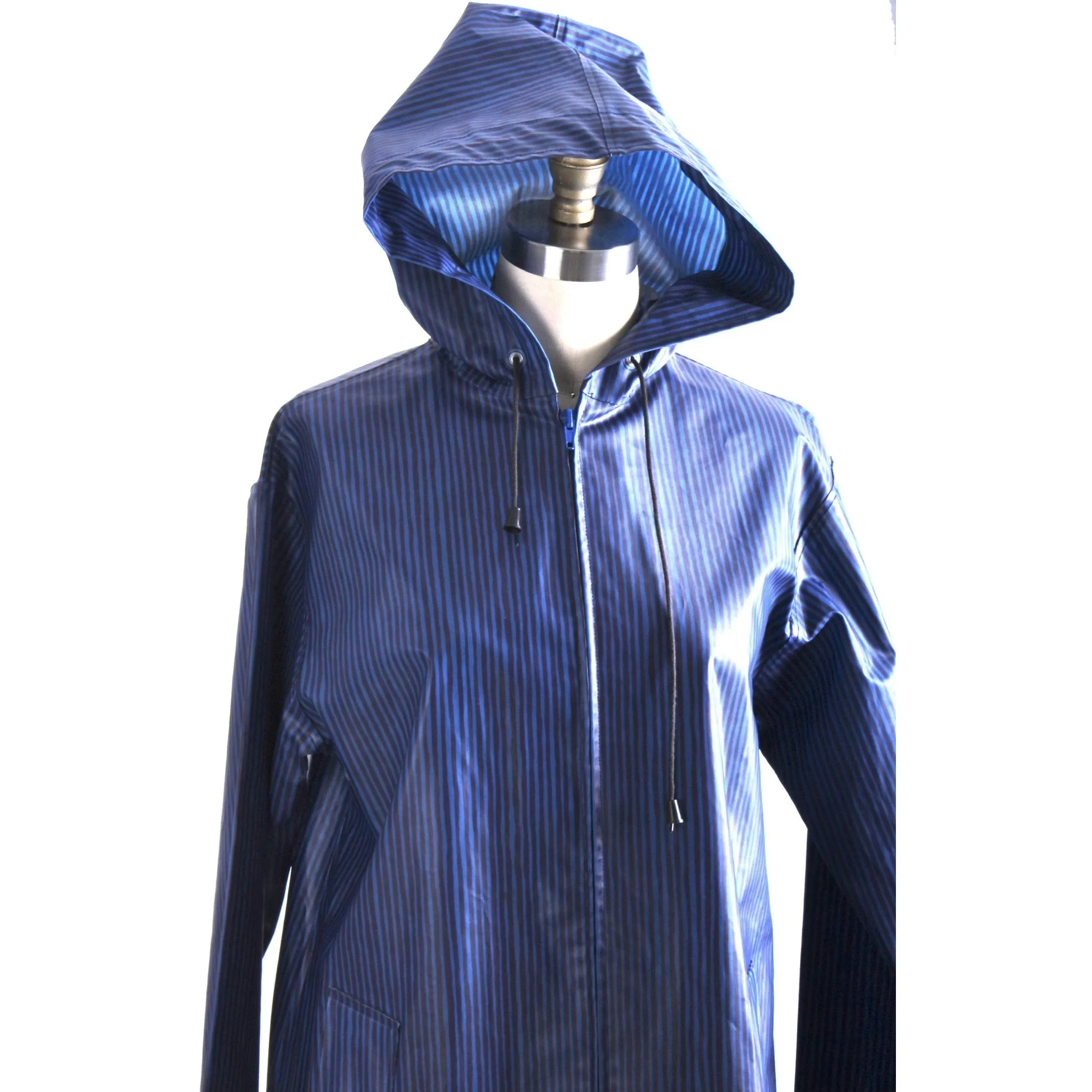 Rare Marimekko Varvunraita Vuokko Design 60s  Raincoat Hooded Blue & Navy Stripe Print M 10 38 Zip Up