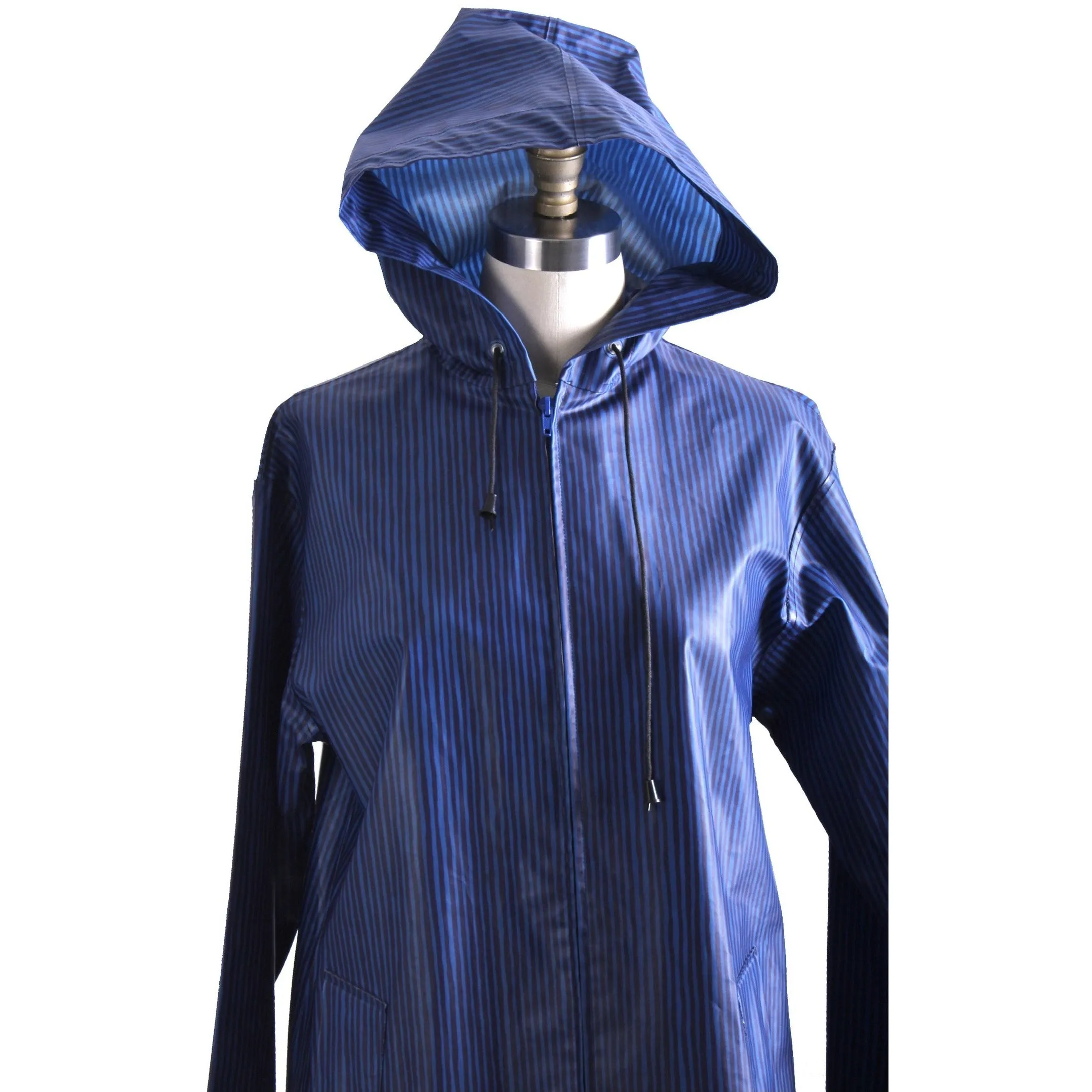 Rare Marimekko Varvunraita Vuokko Design 60s  Raincoat Hooded Blue & Navy Stripe Print M 10 38 Zip Up