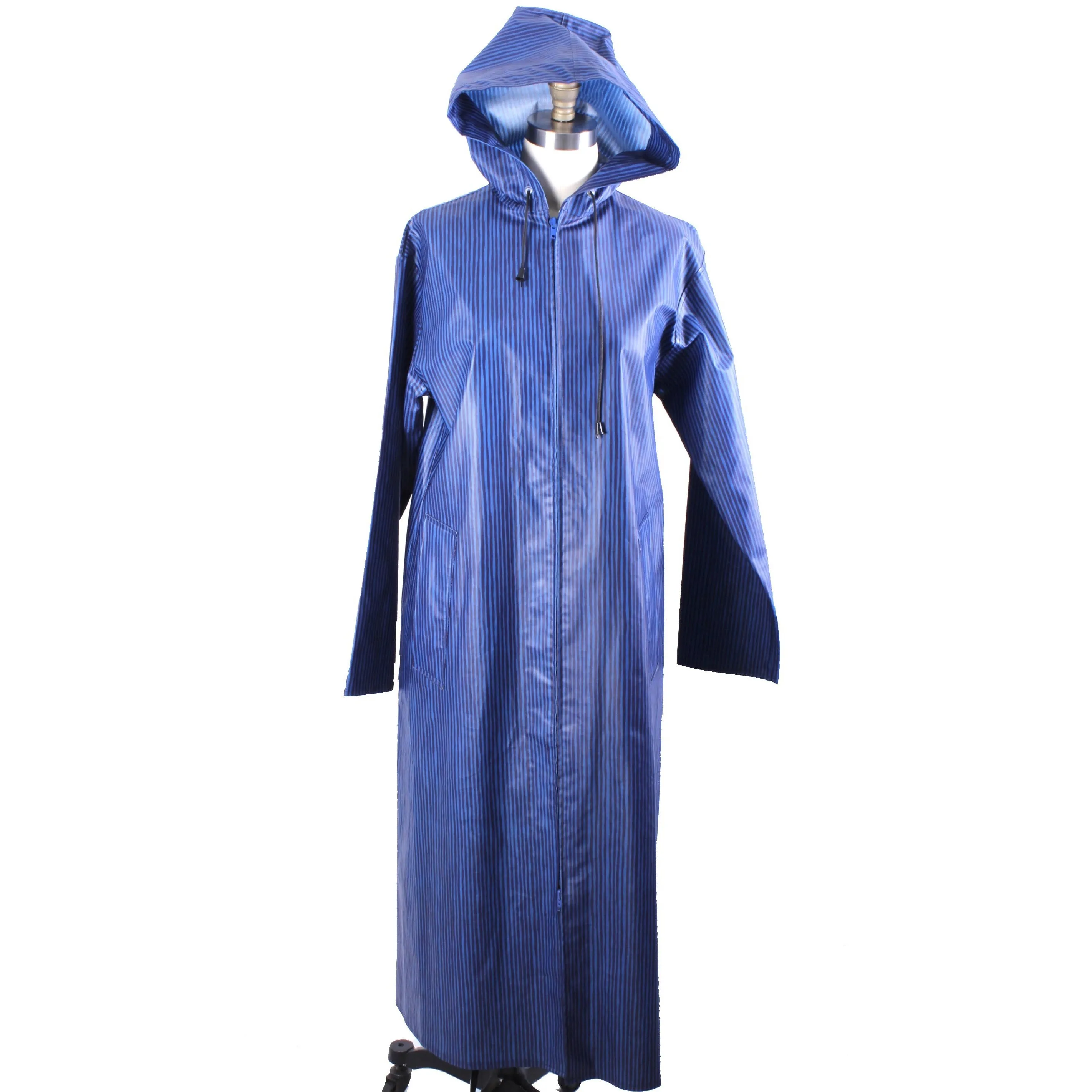 Rare Marimekko Varvunraita Vuokko Design 60s  Raincoat Hooded Blue & Navy Stripe Print M 10 38 Zip Up