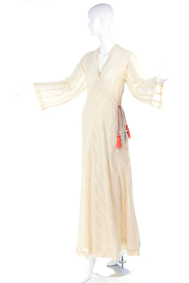 Rare Phyllis Sues Vintage 1970s Cream Raised Dot Maxi Dress W Tassels