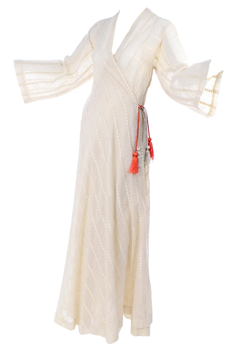 Rare Phyllis Sues Vintage 1970s Cream Raised Dot Maxi Dress W Tassels