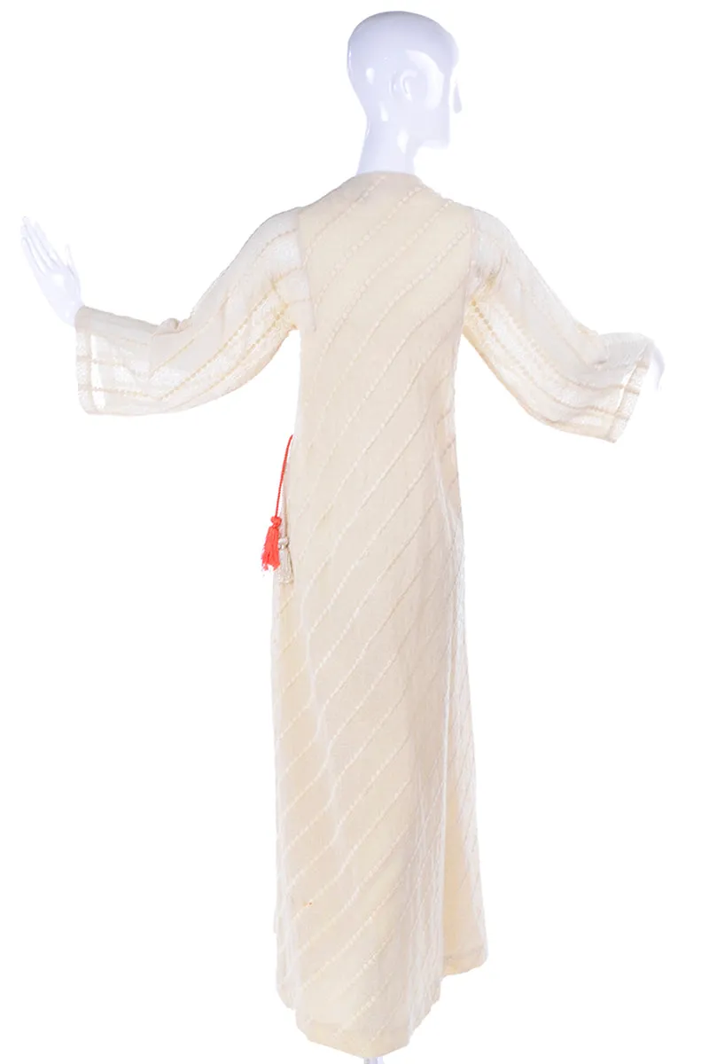 Rare Phyllis Sues Vintage 1970s Cream Raised Dot Maxi Dress W Tassels