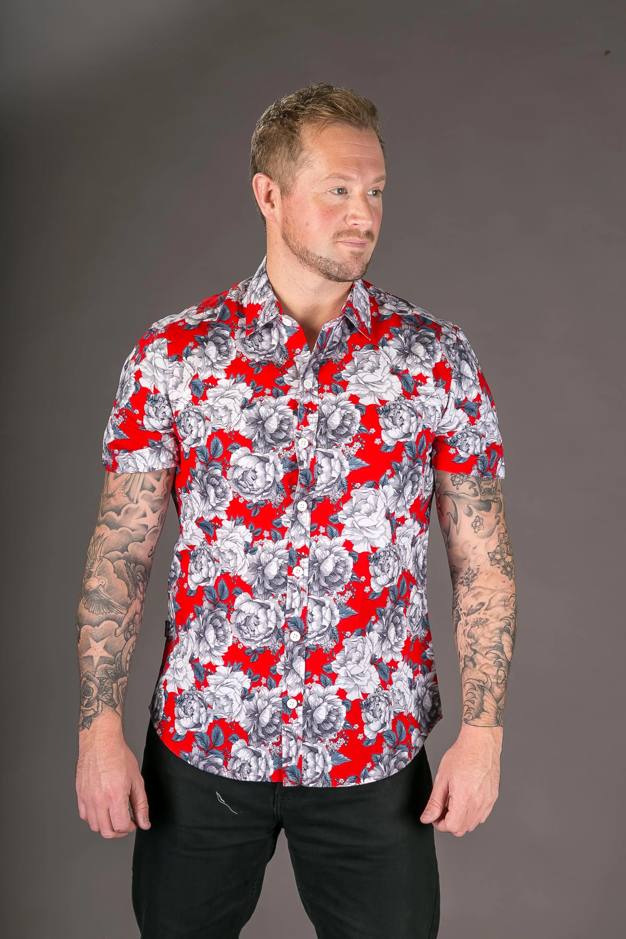 Red Floral Print Cotton Slim and Regular Fit Mens Shirt Short Sleeve