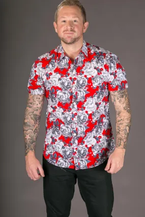 Red Floral Print Cotton Slim and Regular Fit Mens Shirt Short Sleeve