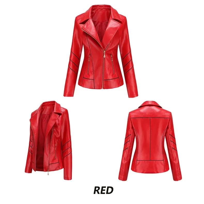 Red Leather Jacket Women fashion Casual Biker Jackets Outwear Female Tops spring and autumn  Leather Jacket Coat