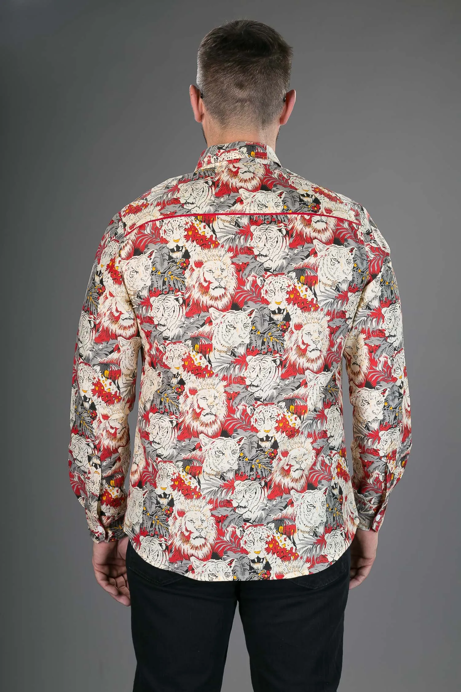 Red Lion Tiger Print Cotton Slim and Regular Fit Mens Shirt Long Sleeve