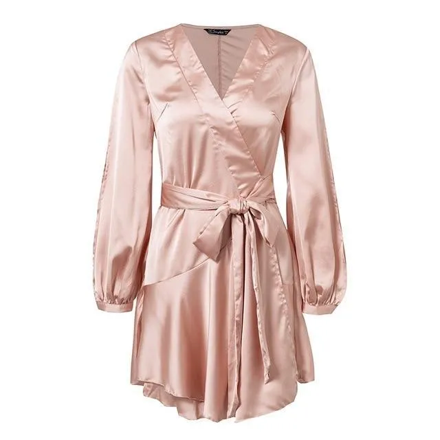 Ruffles V Neck Sash Women Flare Sleeve Satin Wrap Dress