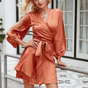 Ruffles V Neck Sash Women Flare Sleeve Satin Wrap Dress