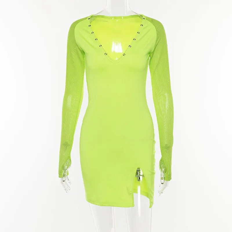 Sexy V-neck Split Dress Neon Sexy Club