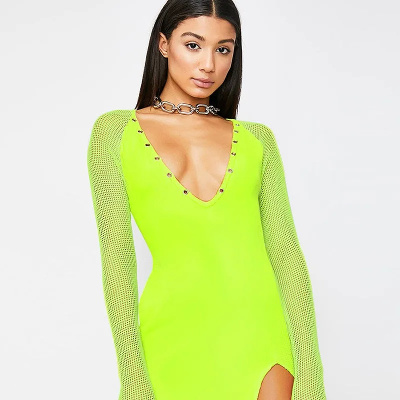 Sexy V-neck Split Dress Neon Sexy Club