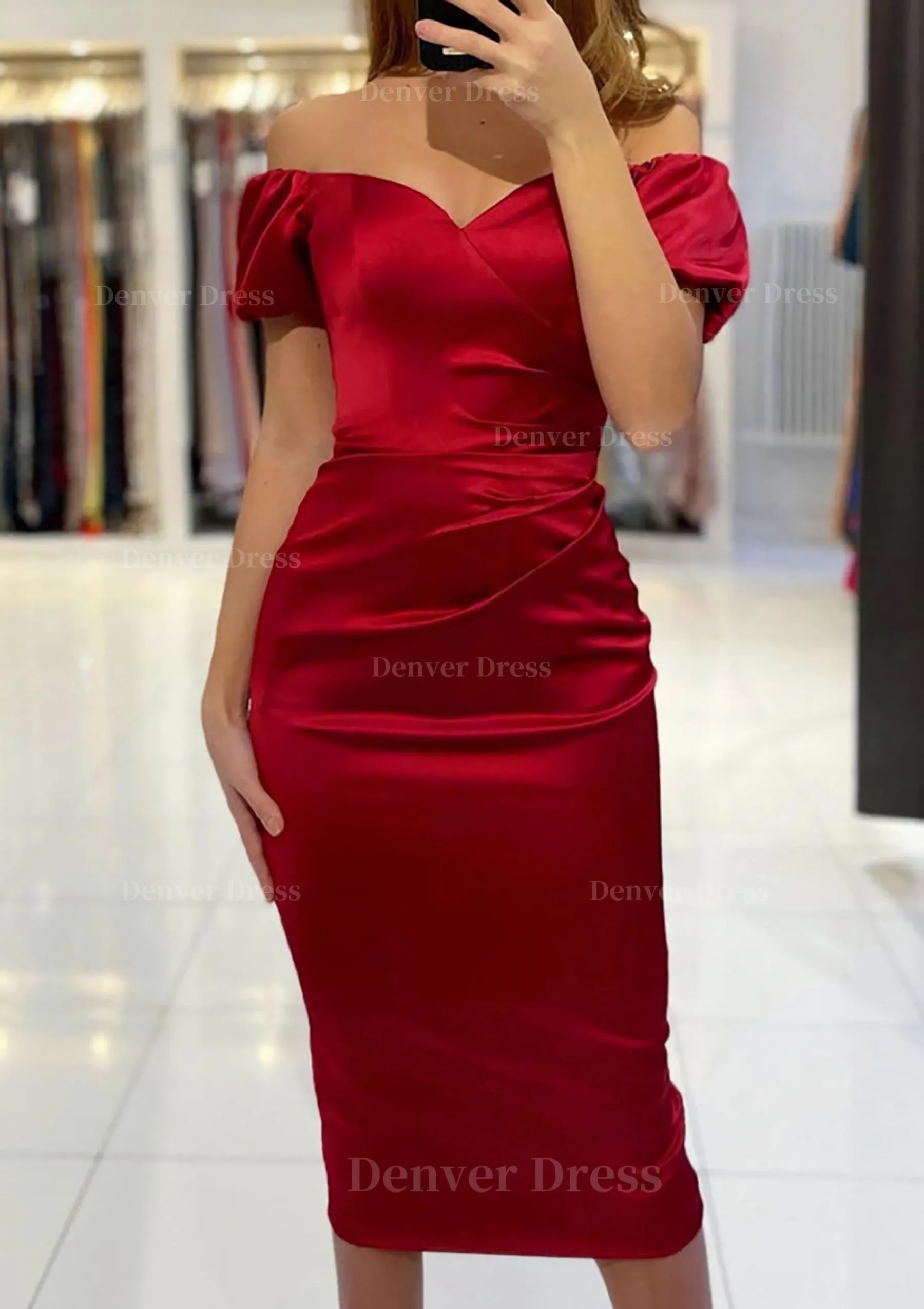 Sheath/Column Off-the-Shoulder Short Sleeve Tea-Length Satin Prom Dress With Pleated