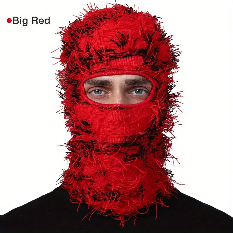 Solid Color Distressed Balaclava Mask, Full Face Cover Windproof Thermal Ski Mask, Outdoor Halloween Style Knit Headgear