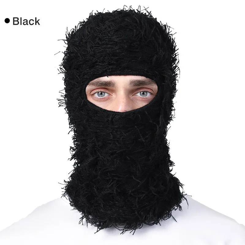 Solid Color Distressed Balaclava Mask, Full Face Cover Windproof Thermal Ski Mask, Outdoor Halloween Style Knit Headgear