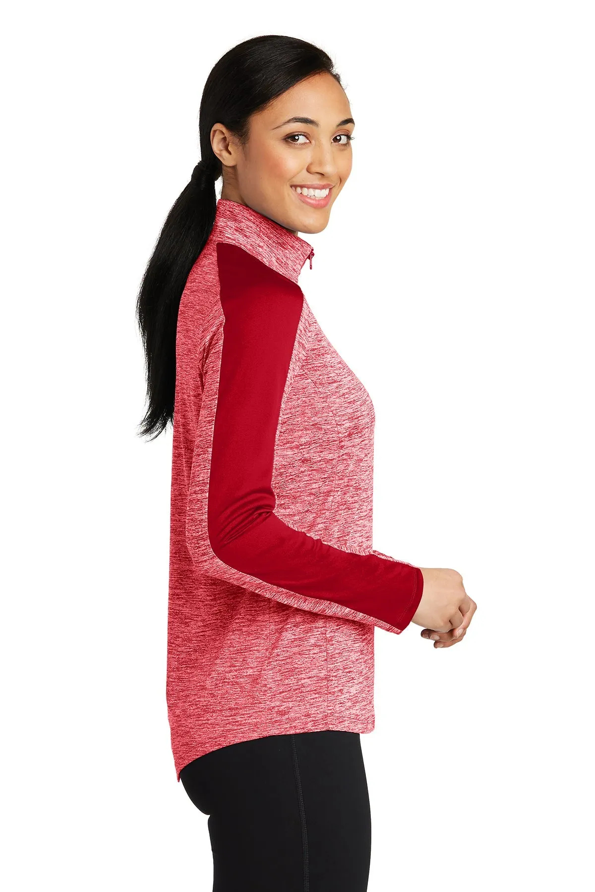 Sport-Tek Ladies PosiCharge Electric Heather Colorblock Customized 1/4-Zip Pullovers, Deep Red Electric/ Deep Red