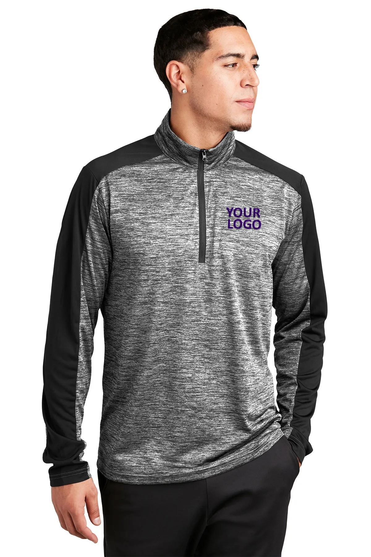 Sport-Tek PosiCharge Electric Heather Colorblock Branded 1/4-Zip Pullovers, Black Electric/ Black