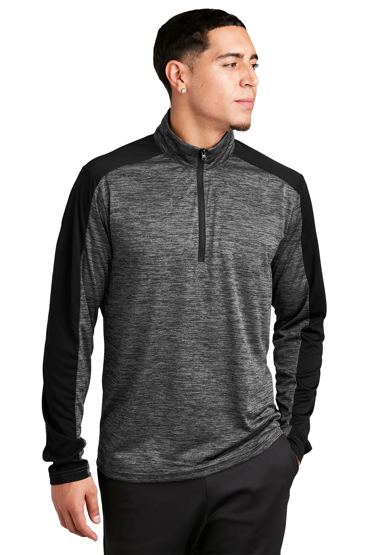 Sport-Tek PosiCharge Electric Heather Colorblock Customized 1/4-Zip Pullovers, Grey-Black Electric/ Black