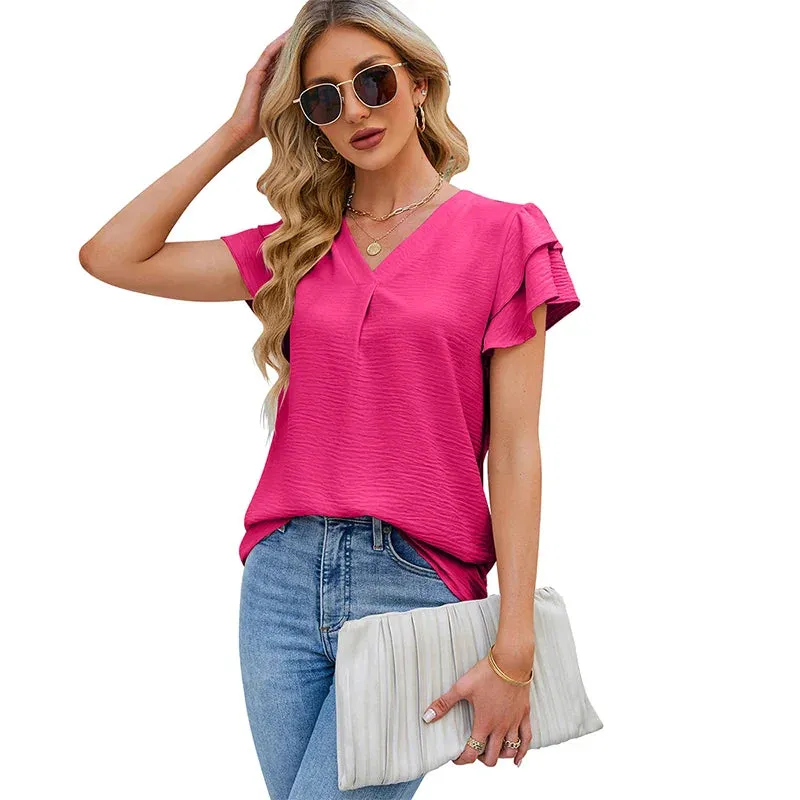 Summer Women's Ruffles Short Sleeve Chiffon Blouse