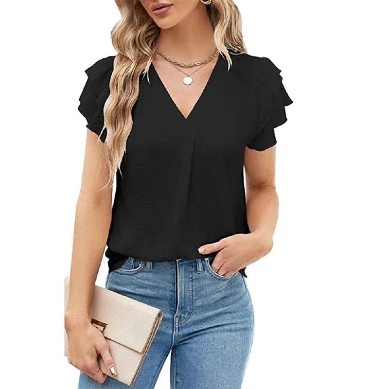 Summer Women's Ruffles Short Sleeve Chiffon Blouse