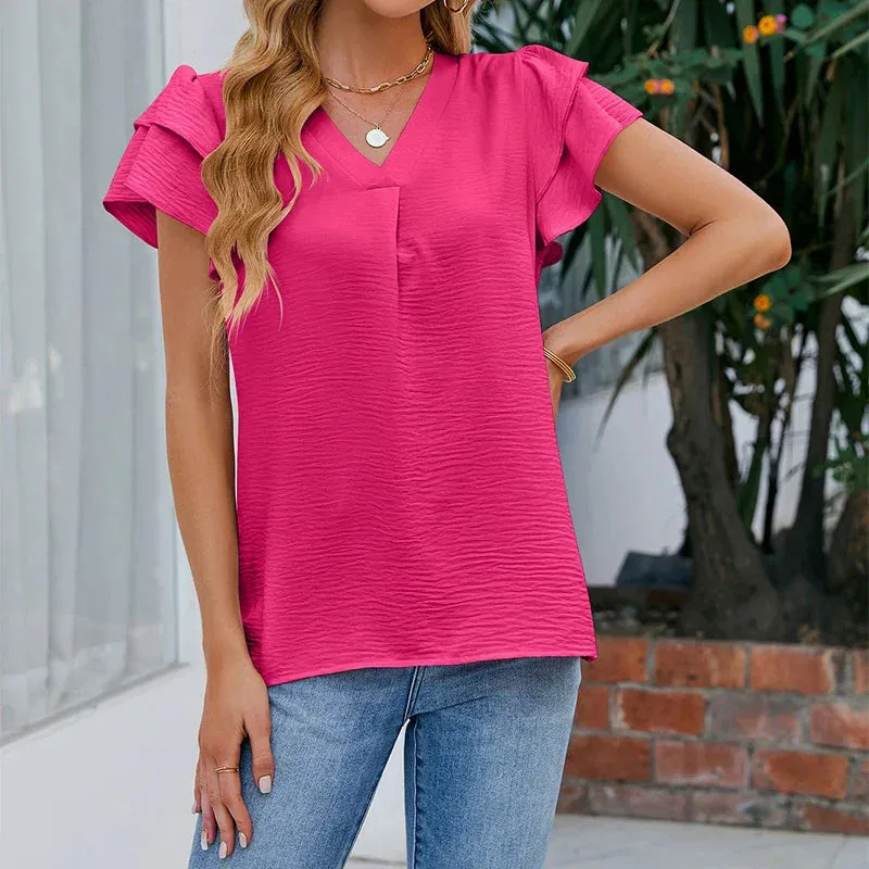 Summer Women's Ruffles Short Sleeve Chiffon Blouse