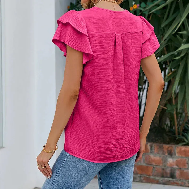 Summer Women's Ruffles Short Sleeve Chiffon Blouse