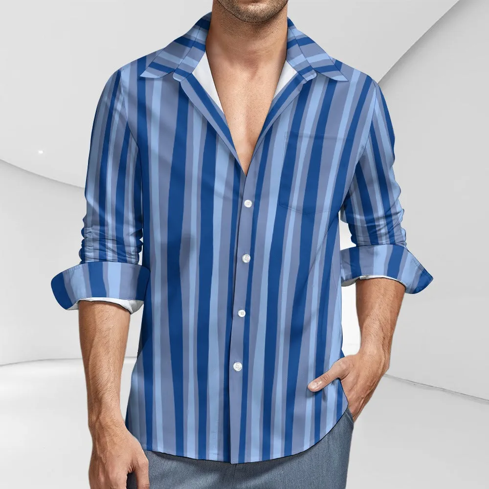 TABOO TIDE Men's Blue Vertical Stripe Print Shirt Long Sleeves Button Front Collar One Pocket Casual Smart Dress Shirt All Sizes