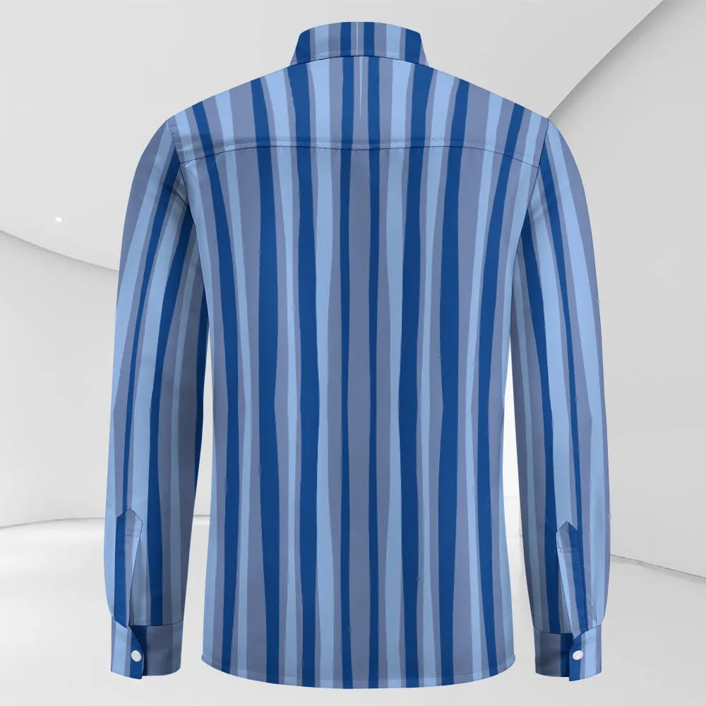 TABOO TIDE Men's Blue Vertical Stripe Print Shirt Long Sleeves Button Front Collar One Pocket Casual Smart Dress Shirt All Sizes