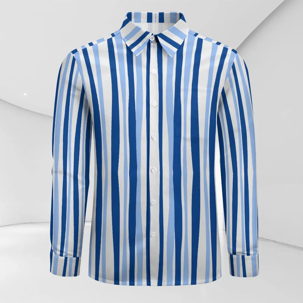 TABOO TIDE Men's Blue Vertical Stripe Print Shirt Long Sleeves Button Front Collar One Pocket Casual Smart Dress Shirt All Sizes