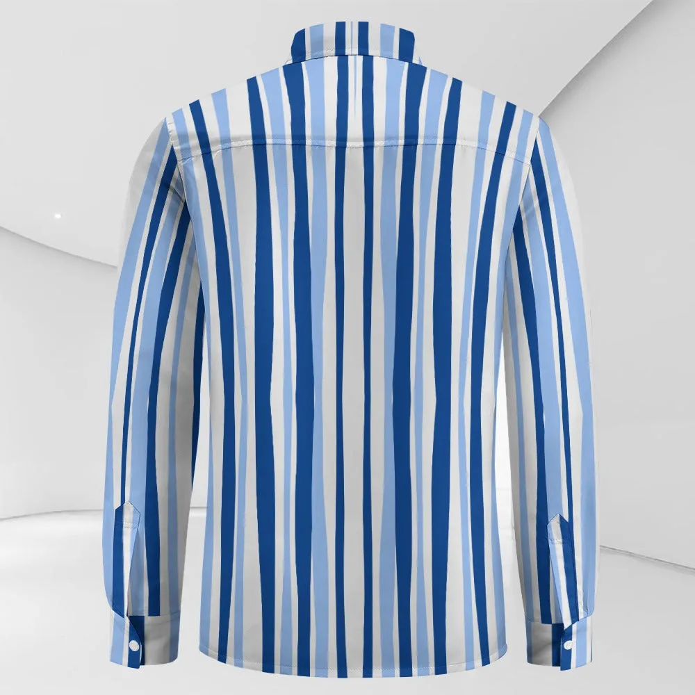 TABOO TIDE Men's Blue Vertical Stripe Print Shirt Long Sleeves Button Front Collar One Pocket Casual Smart Dress Shirt All Sizes