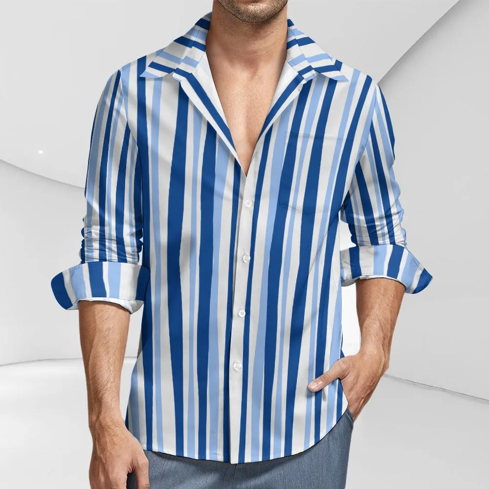 TABOO TIDE Men's Blue Vertical Stripe Print Shirt Long Sleeves Button Front Collar One Pocket Casual Smart Dress Shirt All Sizes