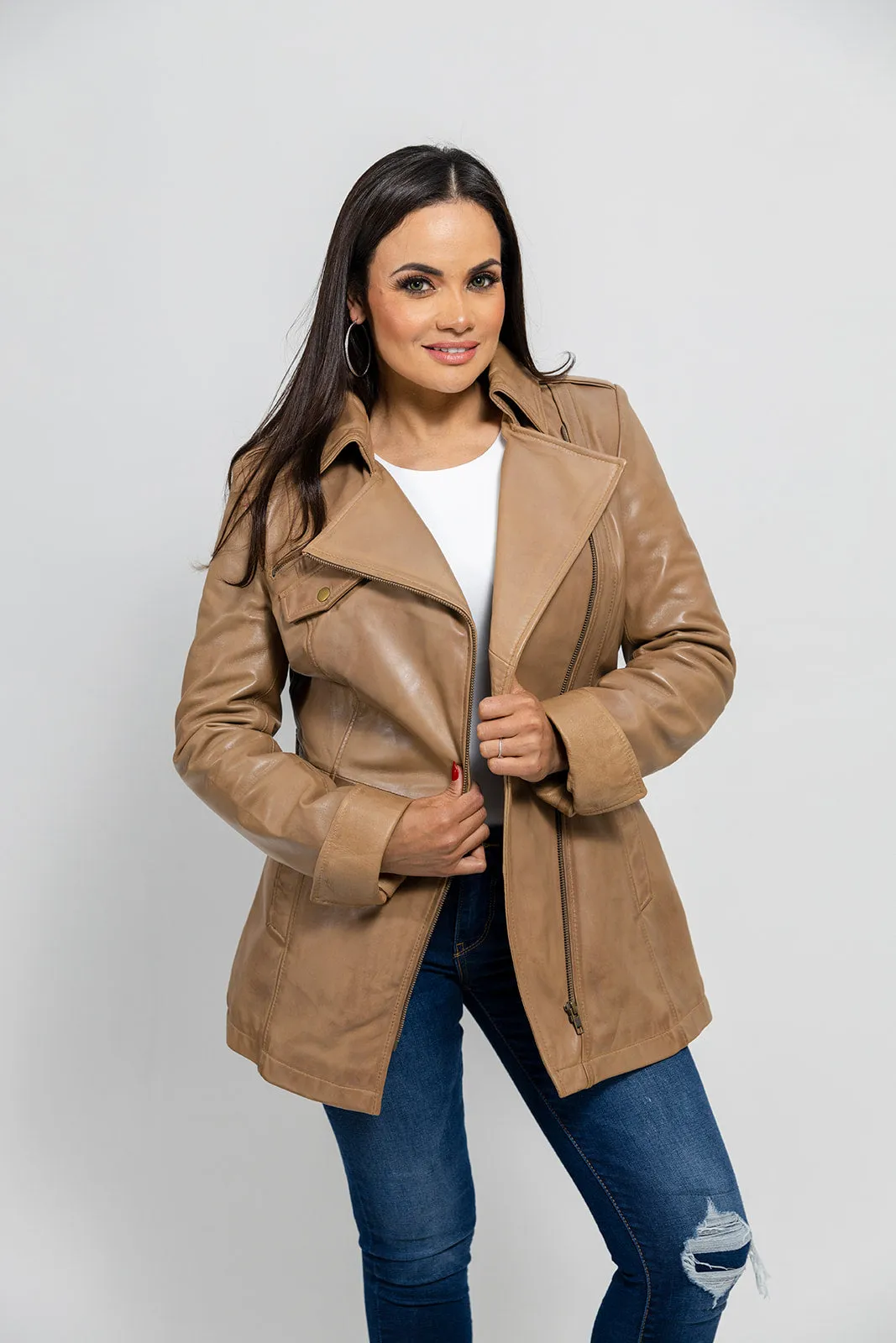 Traci Womens Leather Jacket Camel