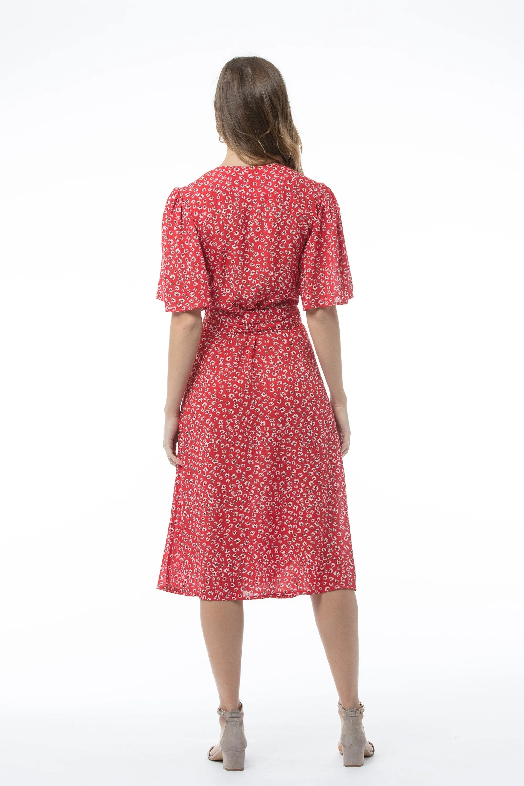 V-neck Red Printed Short-sleeved Dress - MARTHA Dress