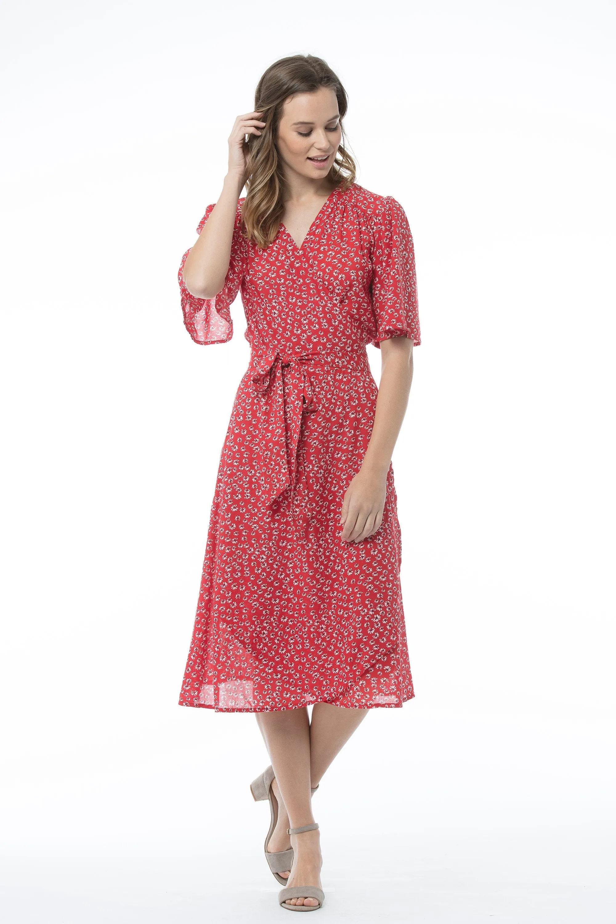 V-neck Red Printed Short-sleeved Dress - MARTHA Dress