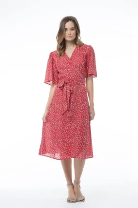 V-neck Red Printed Short-sleeved Dress - MARTHA Dress