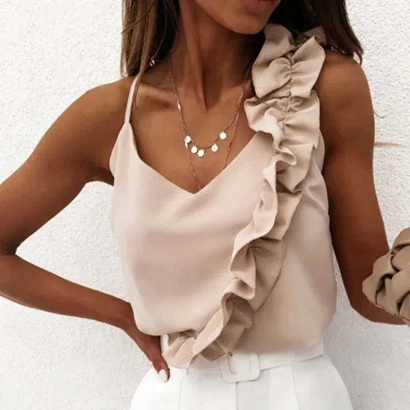 V Neck Ruffle Backless Spaghetti Strap Sleeveless Blouse