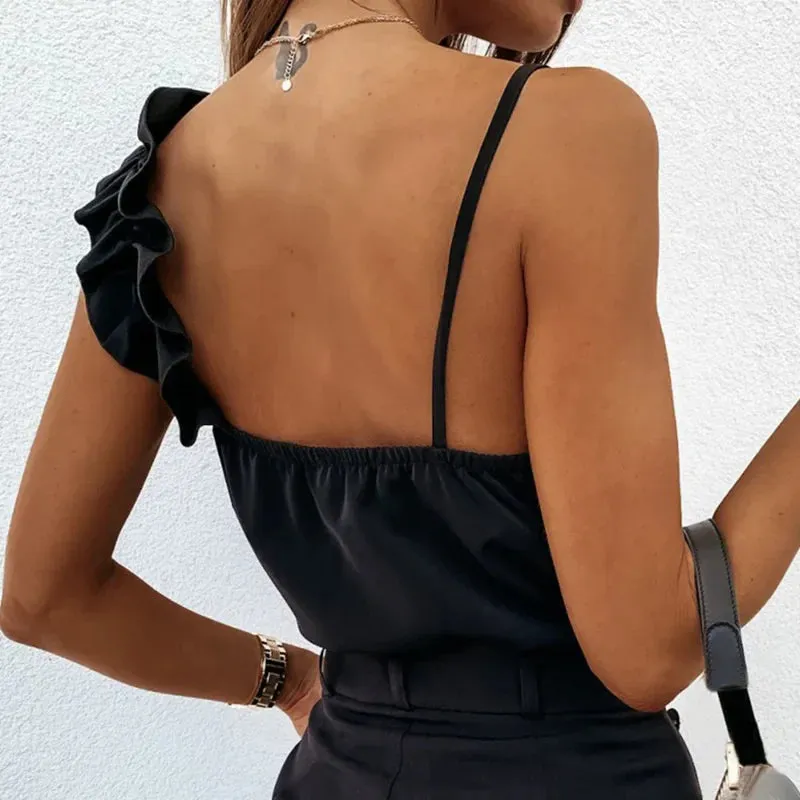 V Neck Ruffle Backless Spaghetti Strap Sleeveless Blouse