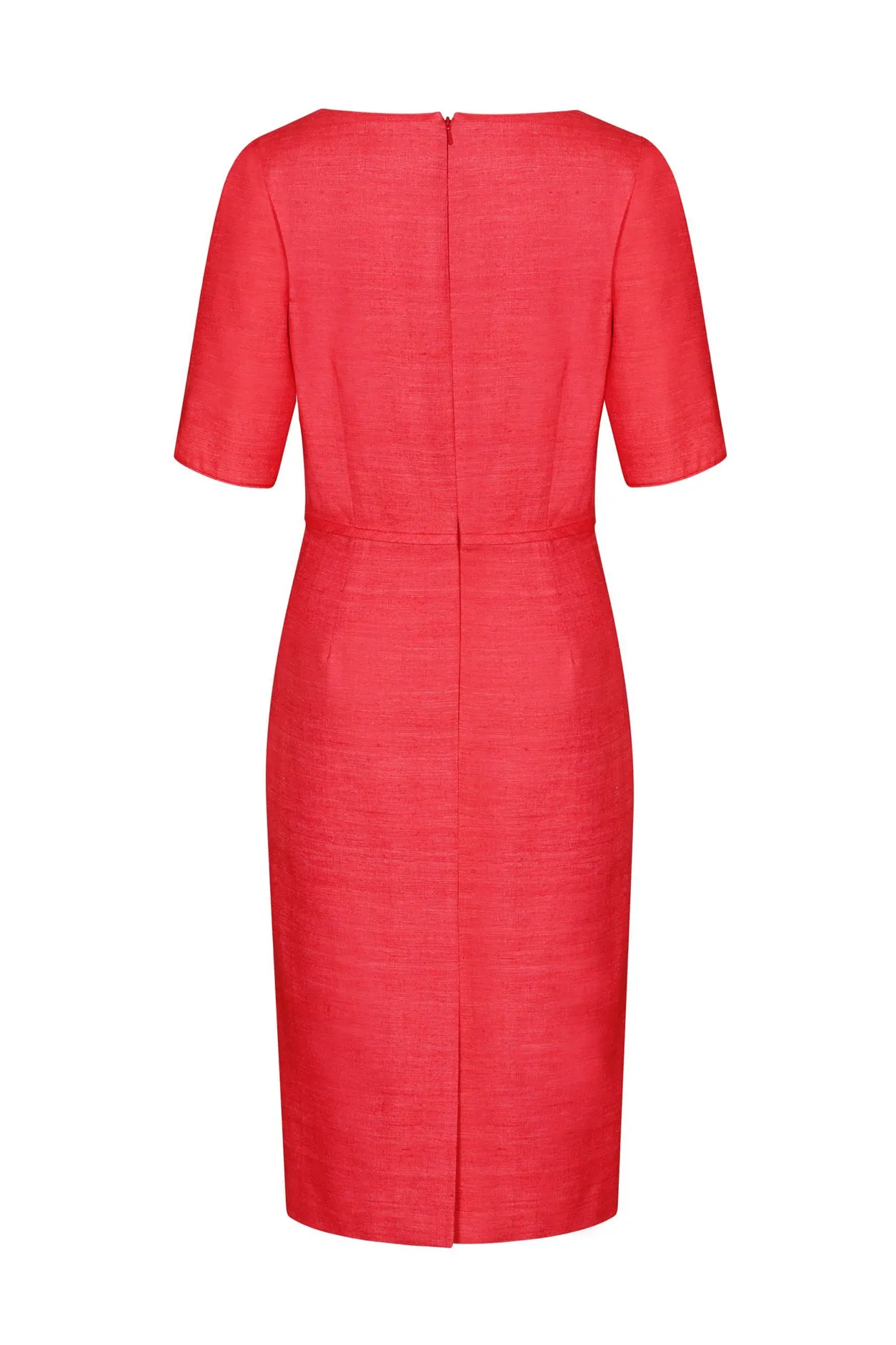 V-Neck Shift Dress with Short Sleeves in Scarlet-Red Raw Silk - Amelia