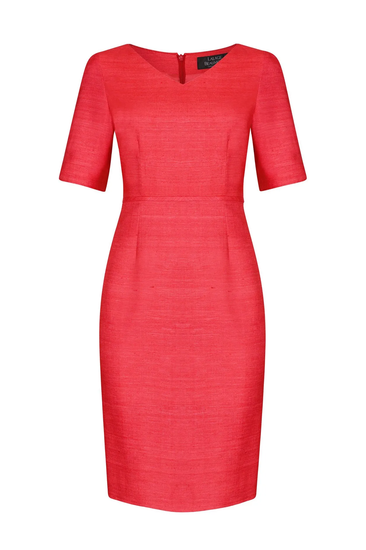 V-Neck Shift Dress with Short Sleeves in Scarlet-Red Raw Silk - Amelia