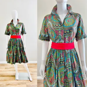 Vintage 1950s Paisley Cotton Shirt Dress / 50s Fit and Flare Dress / Size S M