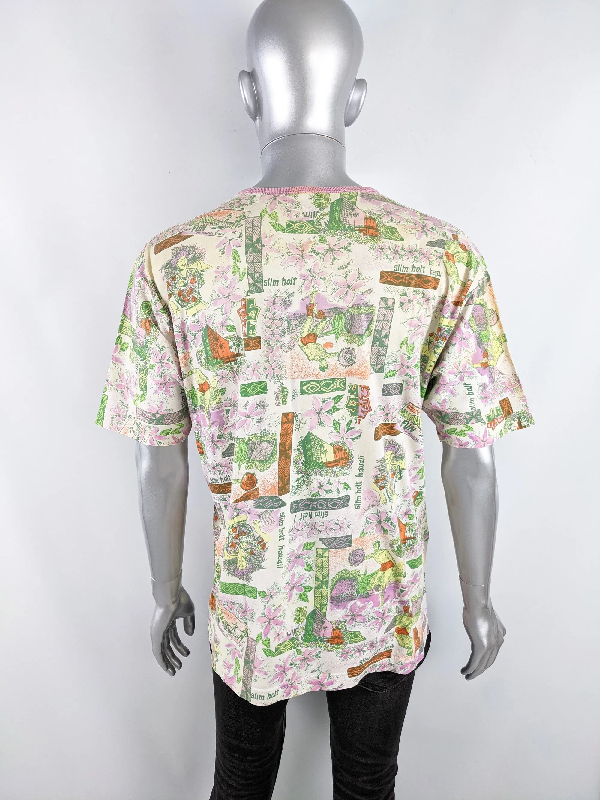 Vintage Mens Hawaiian Print Italian Henley T-Shirt, 1980s