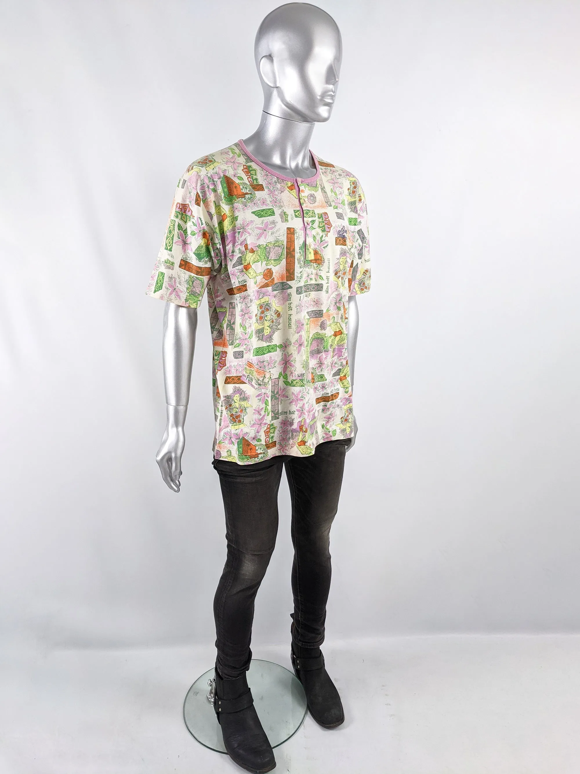 Vintage Mens Hawaiian Print Italian Henley T-Shirt, 1980s